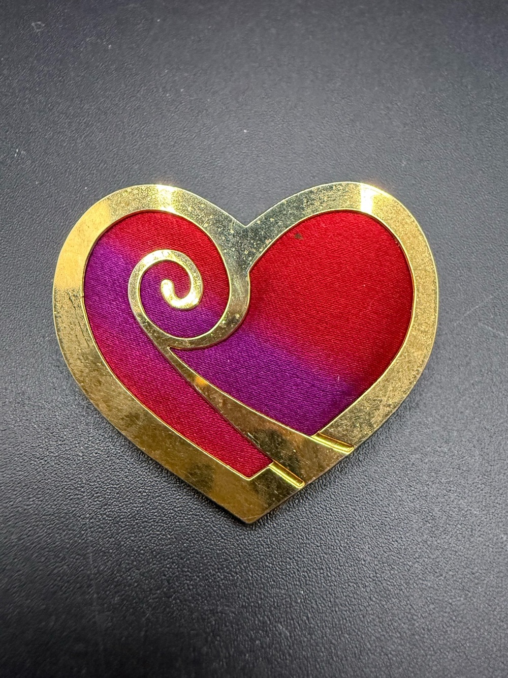 Gold Tone Heart Pin with Red and Purple Velvet